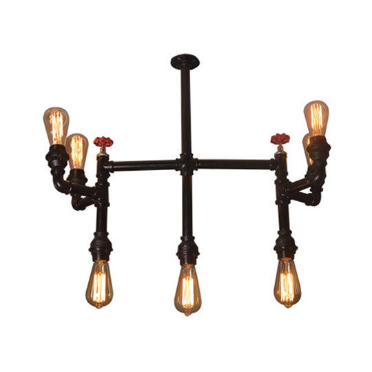 Antique Style Water Pipe Hanging Pendant Light With 7 Bulbs Metallic Chandelier Lighting - Black