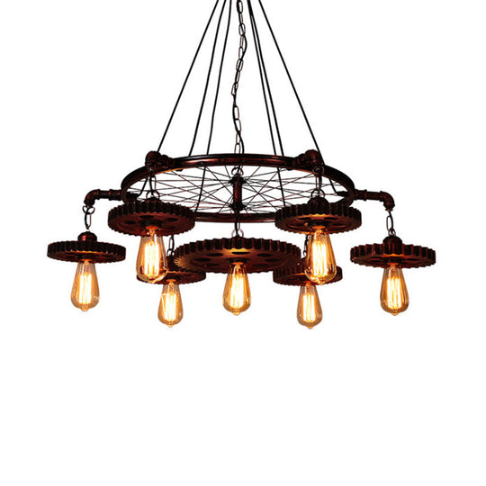 Farmhouse Style Rustic Chandelier Light With Exposed Bulbs - Gear Deco 3/5/7 Heads Ideal For Bars