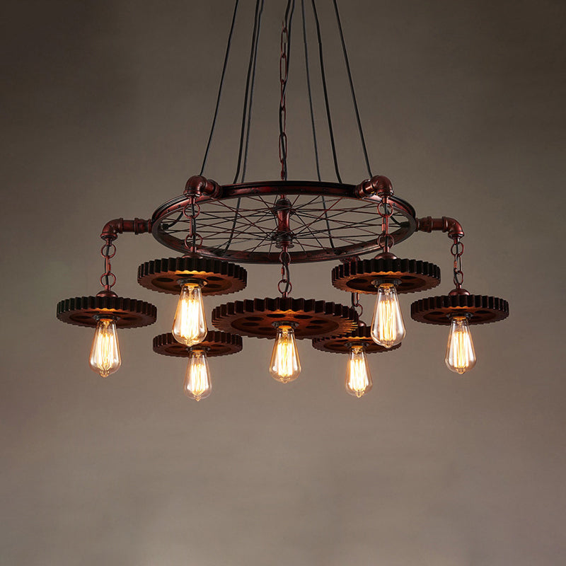 Farmhouse Style Rustic Chandelier Light With Exposed Bulbs - Gear Deco 3/5/7 Heads Ideal For Bars