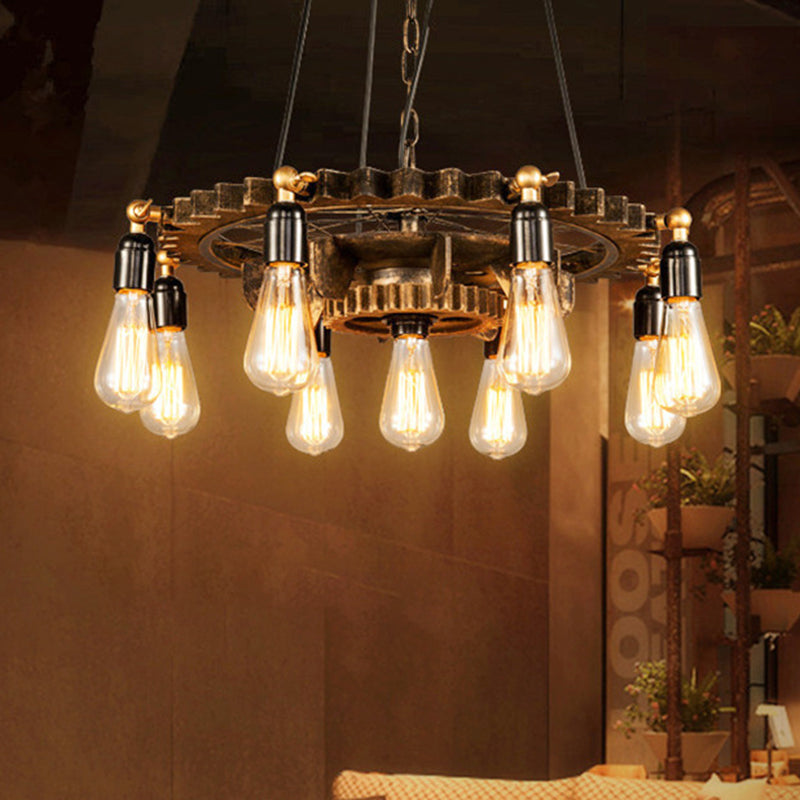 Antique Style Rust Metal Pendant Ceiling Light - 9 Lights Gear Design Fixture For Living Room