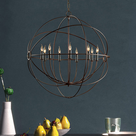 Antique Style Spherical Chandelier With Cage Shade - Iron Ceiling Pendant Lighting In Rust
