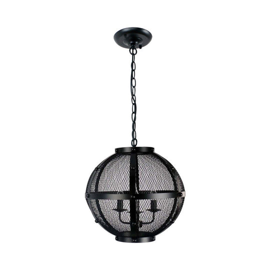 Retro Style Metal Hanging Pendant With Wire Mesh Shade - 3-Light Farmhouse Ceiling Fixture In Black