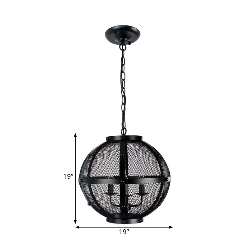 Retro Style Metal Hanging Pendant With Wire Mesh Shade - 3-Light Farmhouse Ceiling Fixture In Black