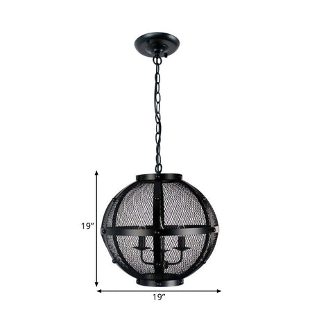 Retro Style Metal Hanging Pendant With Wire Mesh Shade - 3 Lights Farmhouse Ceiling Fixture Black