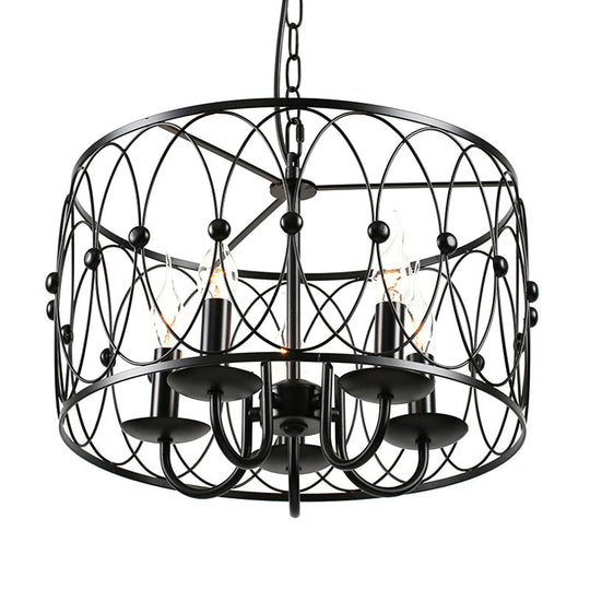 Vintage Black Metal Drum Hanging Light With Cage Shade - 6 Head Dining Room Chandelier Lamp