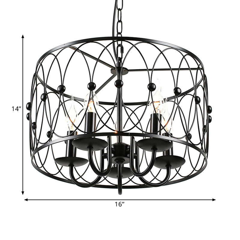 Vintage Black Metal Drum Hanging Light With Cage Shade - 6 Head Dining Room Chandelier Lamp