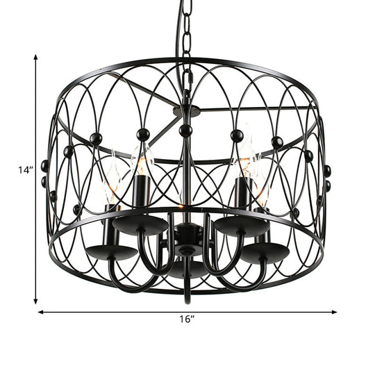 Vintage Black Metal Drum Hanging Light With Cage Shade - 6 Head Dining Room Chandelier Lamp