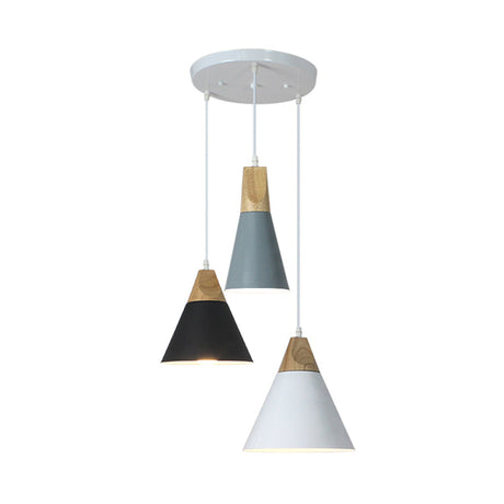 Nordic Style Pendant Lighting With 3 Multi-Colored Bulbs Metal And Wood Finish Tapered Design