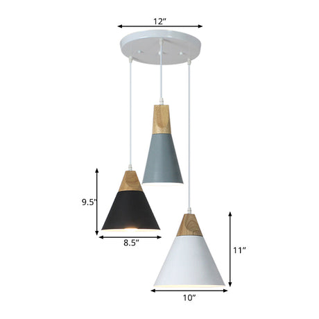 Nordic Style Pendant Lighting With 3 Multi-Colored Bulbs Metal And Wood Finish Tapered Design