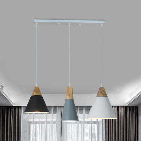 Nordic Style Pendant Lighting With 3 Multi-Colored Bulbs Metal And Wood Finish Tapered Design Black