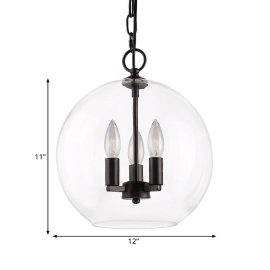 Rustic Bubble Shade Pendant Chandelier - 3-Light Ceiling Fixture With Clear Glass In Black