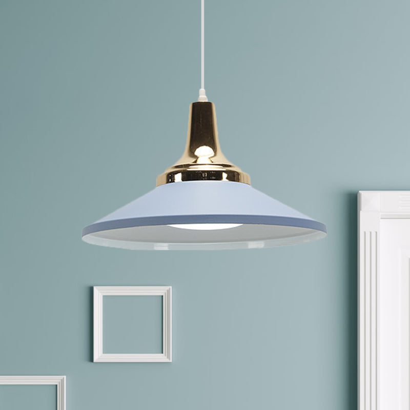 Retro Style Blue/Green Pendant Light With Metallic Cone Shade For Bedside