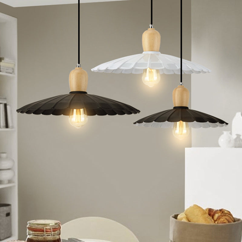 Vintage Scalloped Edge Hanging Lamp - Black/White 1 Light Metal Pendant Dining Table