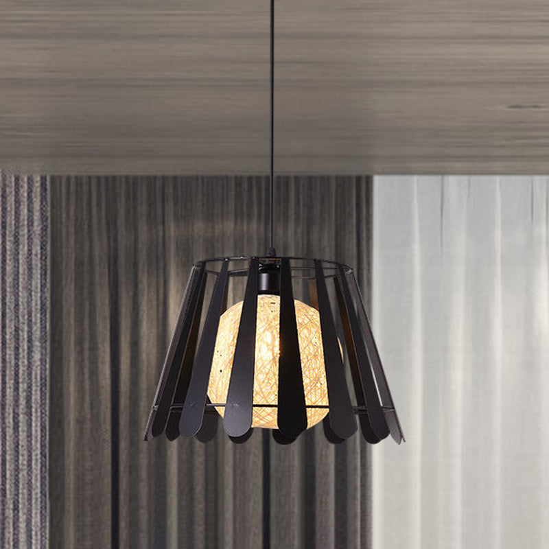 Industrial Metal Kitchen Pendant Light With Tapered Cage And Rattan Shade - White/Black