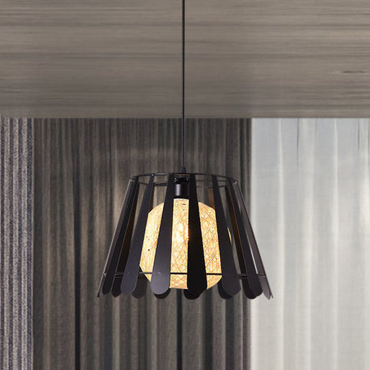 Industrial Metal Kitchen Pendant Light With Tapered Cage And Rattan Shade - White/Black