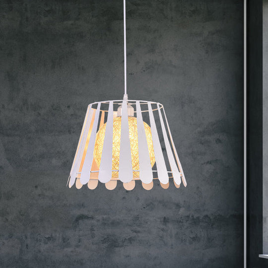 Industrial Metal Kitchen Pendant Light With Tapered Cage And Rattan Shade - White/Black White