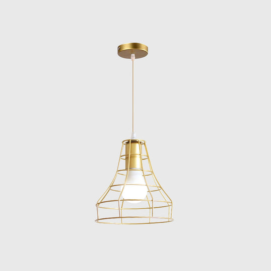 Gold Wire Cage Pendant Light - Retro Industrial Iron Hanging Lamp For Coffee Shop