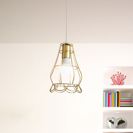 Gold Wire Cage Pendant Light - Retro Industrial Iron Hanging Lamp For Coffee Shop