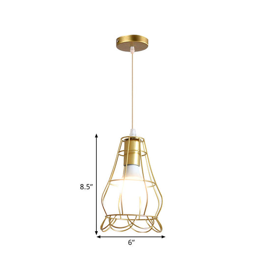 Gold Wire Cage Pendant Light - Retro Industrial Iron Hanging Lamp For Coffee Shop