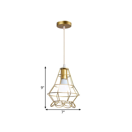 Gold Wire Cage Pendant Light - Retro Industrial Iron Hanging Lamp For Coffee Shop