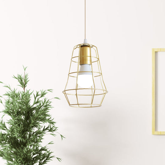 Gold Wire Cage Pendant Light - Retro Industrial Iron Hanging Lamp For Coffee Shop