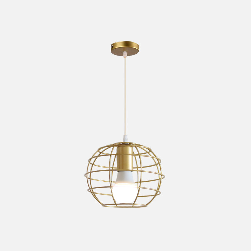 Gold Metal Pendant Light With Unique Globe/Hexagon Cage Shade For Dining Room