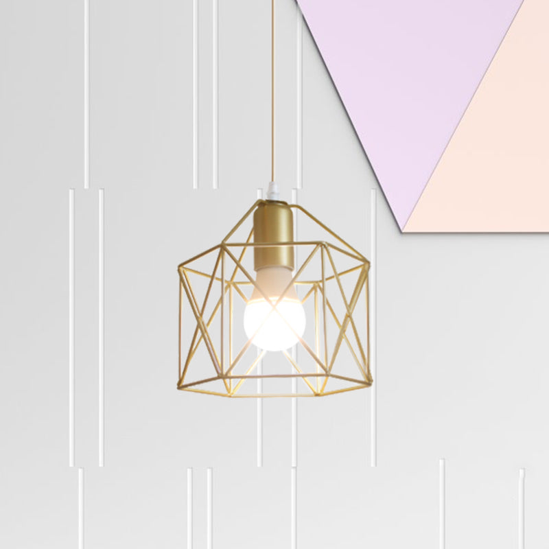 Gold Metal Pendant Light With Unique Globe/Hexagon Cage Shade For Dining Room / Hexagon