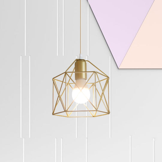 Gold Metal Pendant Light With Unique Globe/Hexagon Cage Shade For Dining Room / Hexagon