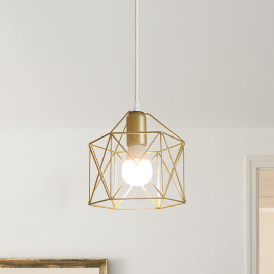 Gold Metal Pendant Light With Unique Globe/Hexagon Cage Shade For Dining Room