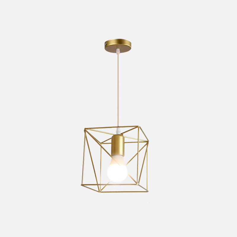 Gold Metal Pendant Light With Globe/Hexagon Cage Shade For Dining Room