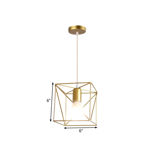 Gold Metal Pendant Light With Globe/Hexagon Cage Shade For Dining Room