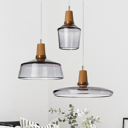 Modern Round Canopy Coffee Shop Multi Pendant Clear/Smoked Glass Ceiling Light With Wood Accent -