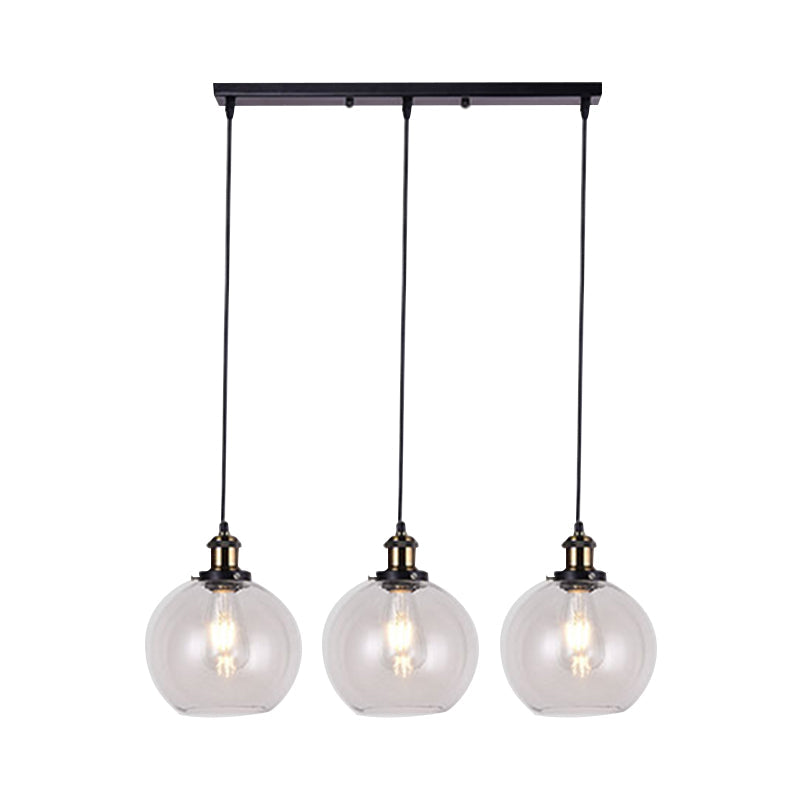 Globe Clear Glass Pendant Industrial Lighting - 3-Light Linear Canopy For Living Room