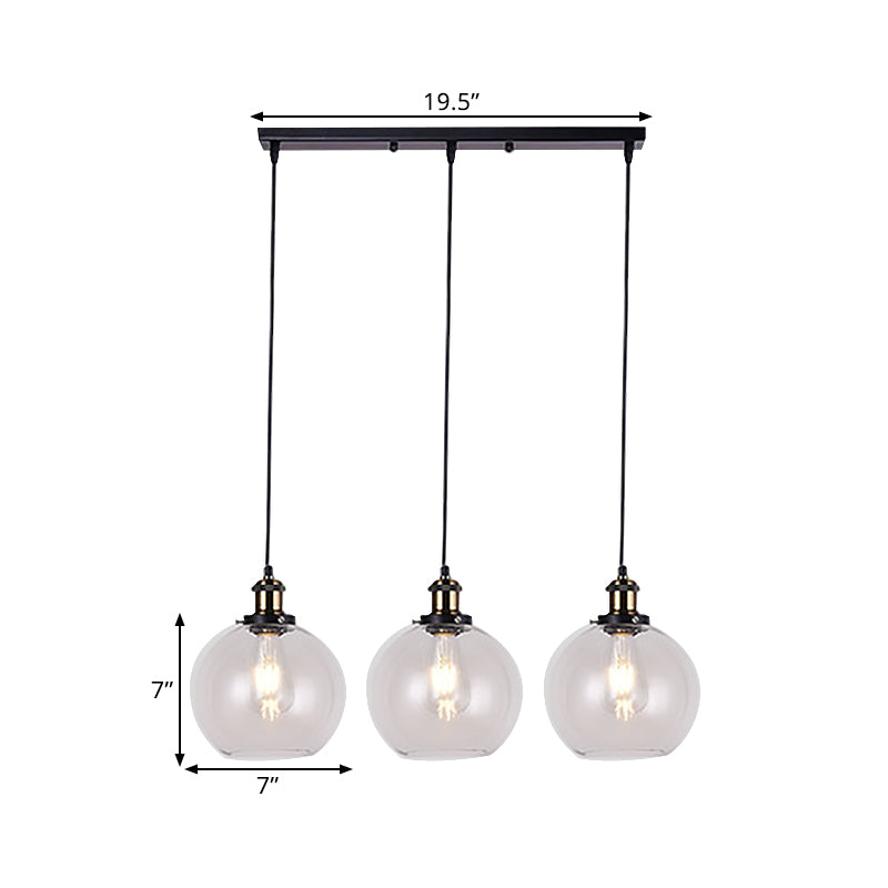 Globe Clear Glass Pendant Industrial Lighting - 3-Light Linear Canopy For Living Room
