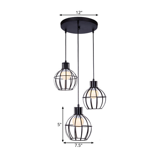 Industrial Style Black Pendant Light With 3 Bulbs Wire Globe Shade - Ideal For Dining Room