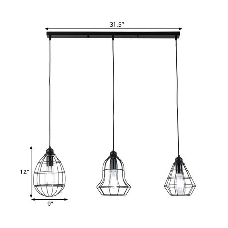 Vintage Black Metal Cage Pendant Lighting Set With 3 Unique Shades - Perfect For Coffee Shop