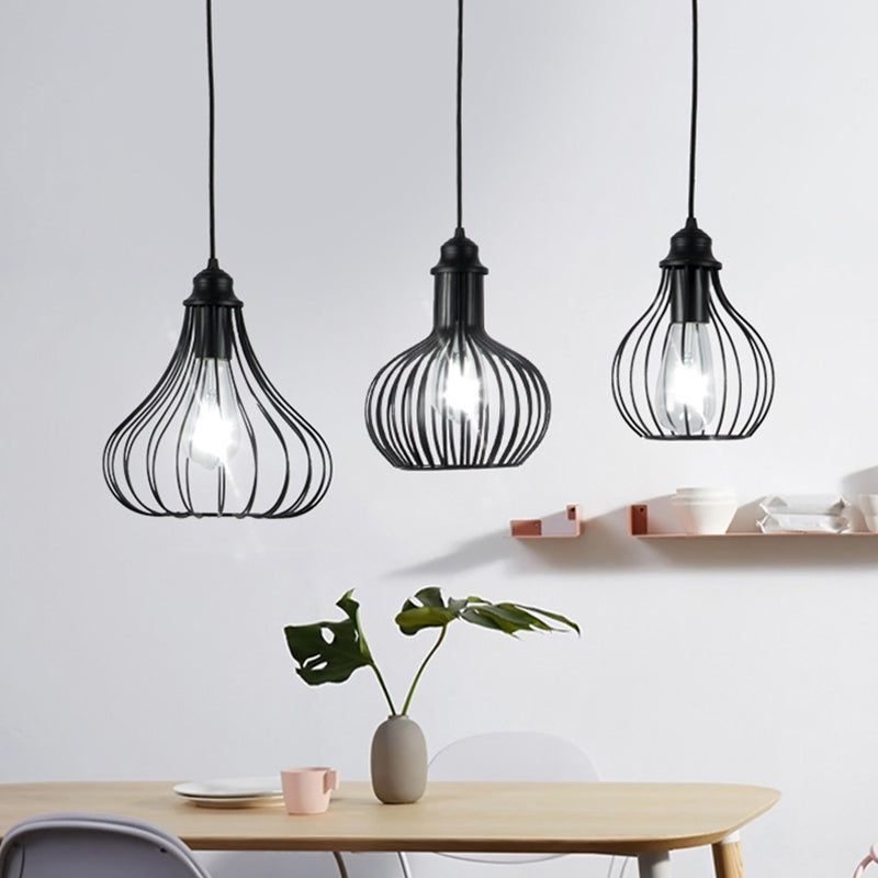 Black Vintage Onion Caged Pendant Light Fixture With 3 Bulbs - Metal Hanging For Restaurants