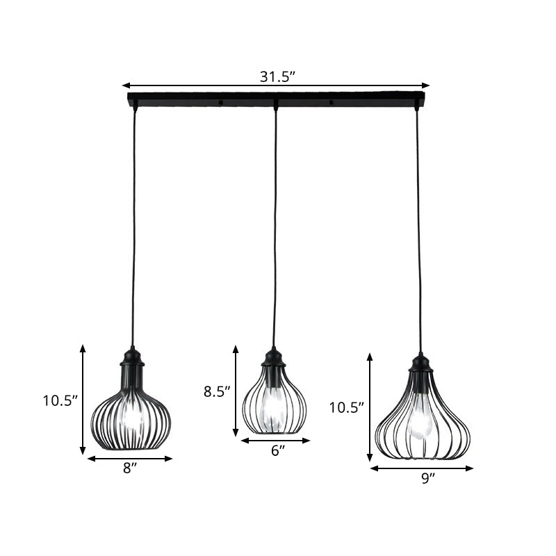 Black Vintage Onion Caged Pendant Light Fixture With 3 Bulbs - Metal Hanging For Restaurants