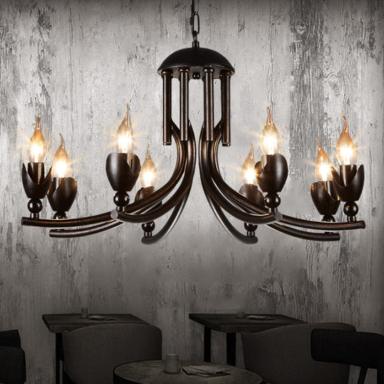 Retro Dark Rust Chandelier With 8 Candle Bulbs - Wrought Iron Pendant Lamp Curved Arm