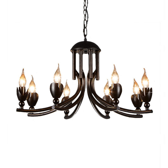 Retro Dark Rust Chandelier With 8 Candle Bulbs - Wrought Iron Pendant Lamp Curved Arm