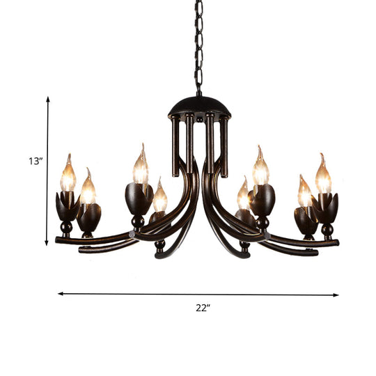 Retro Dark Rust Chandelier With 8 Candle Bulbs - Wrought Iron Pendant Lamp Curved Arm
