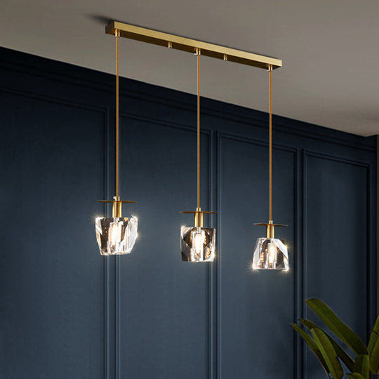 Beveled Crystal Cube Pendant Light Kit With 3 Heads - Modern Irregular Suspension Lamp Clear