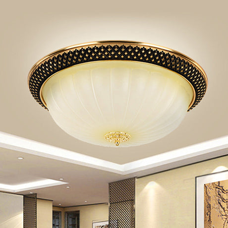 Vintage Fluted Opal Glass Semi-Orb Flush Mount Led Ceiling Light 11/15 Width In Black & Gold