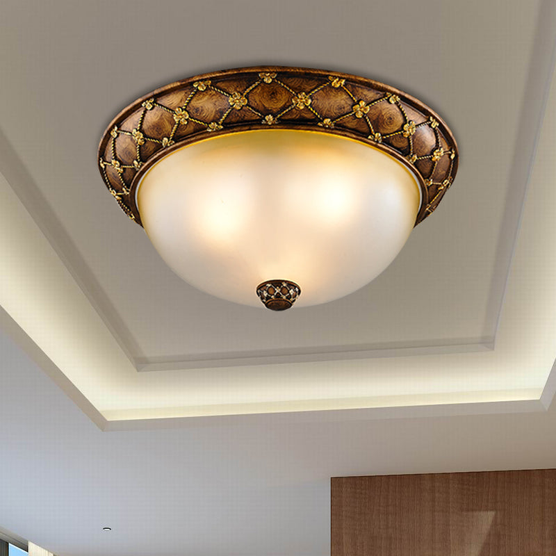 Rustic Dome - Like Ceiling Lamp 3 Frosted Glass Heads Brown 15’/19’ Width / 15’