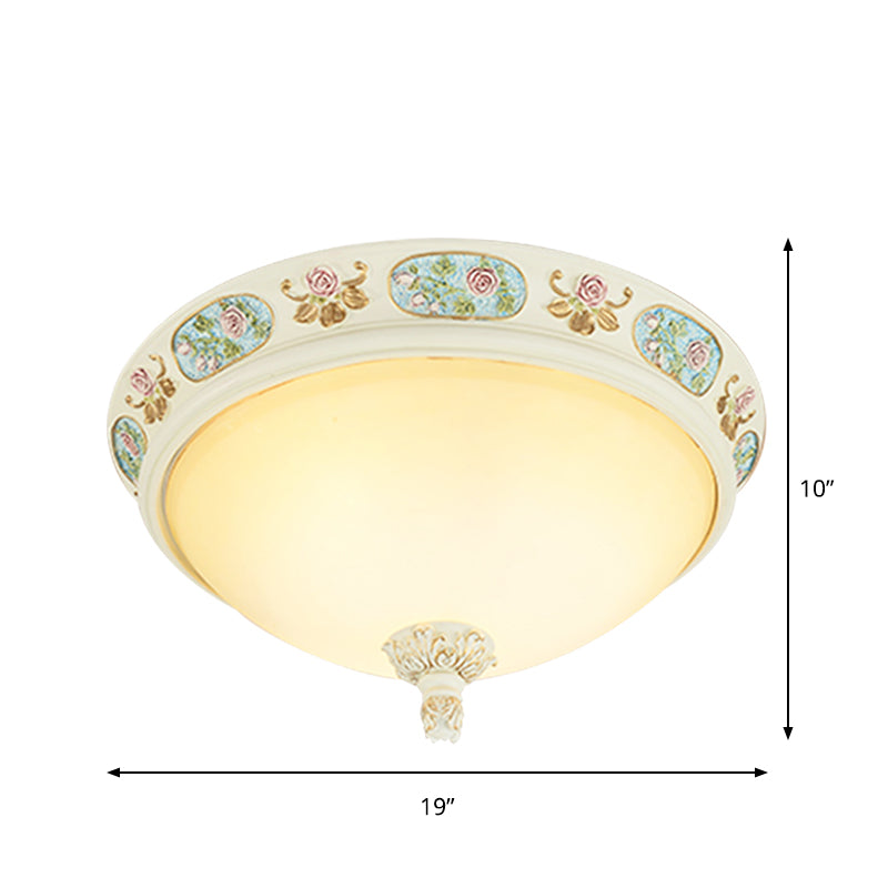 2/3 - Head Flush Mount Opaline Glass Dome Ceiling Light With Flower Decor In Blue And White