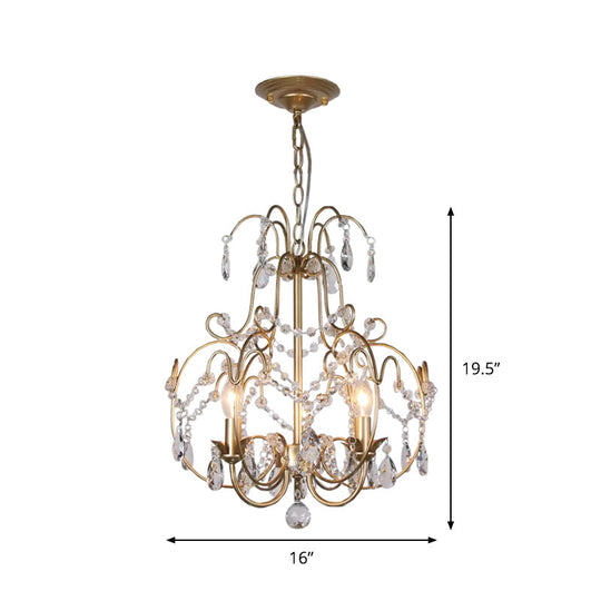Contemporary Gold Chandelier Featuring Clear Crystal Beads - 3 Bulb Lantern Suspended Lighting