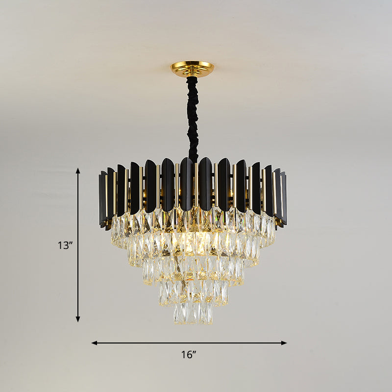 Moderner schwarzer konischer Kronleuchter mit 6 Kristallblöcken Deckenlampe