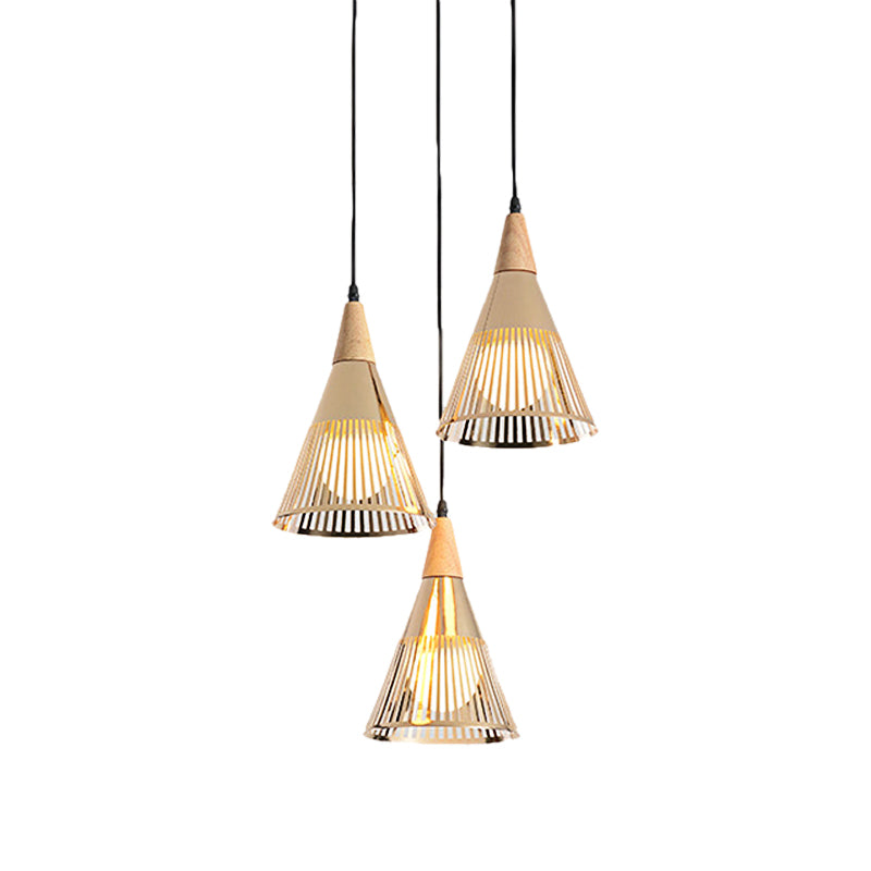 Nordic Cone Ceiling Light - 3 Head Metal And Wood Pendant Lighting With Wire Frame Linear/Round