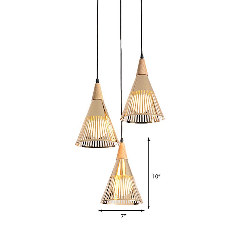 Nordic Cone Ceiling Light - 3 Head Metal And Wood Pendant Lighting With Wire Frame Linear/Round