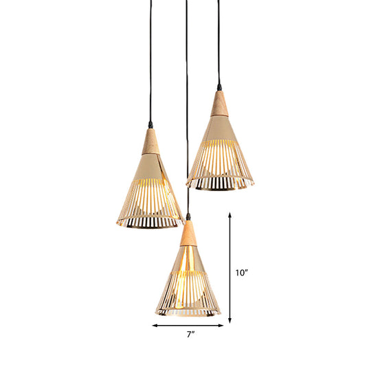 Nordic Cone Ceiling Light - 3 Head Metal And Wood Pendant Lighting With Wire Frame Linear/Round